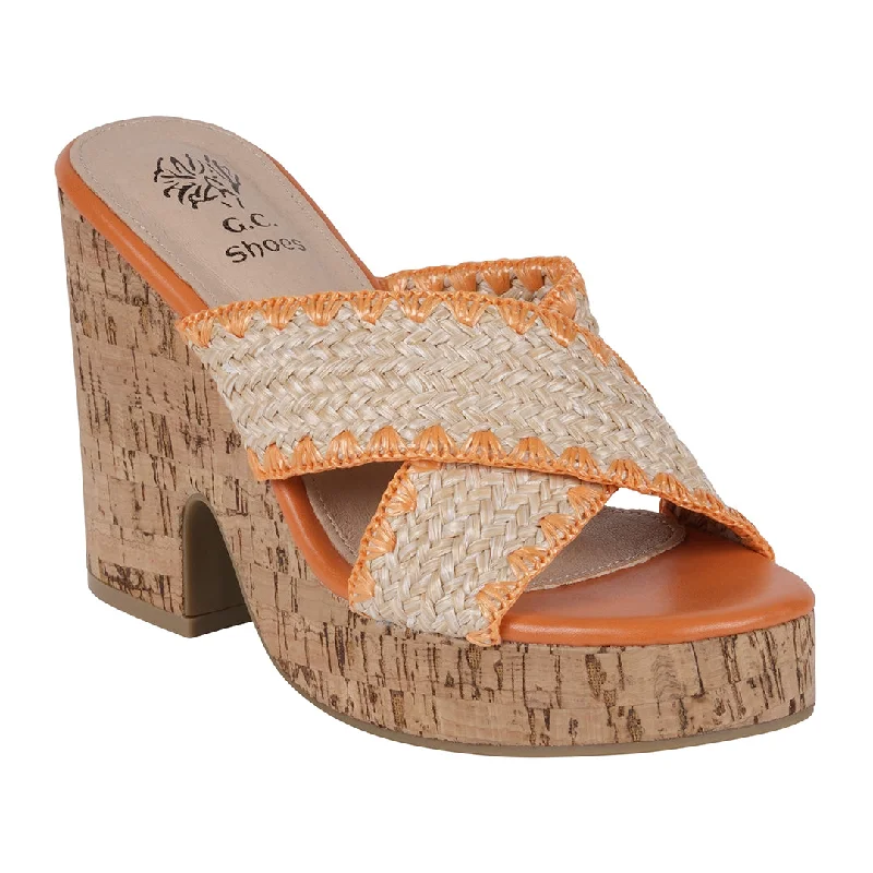 Trendy sandals for casual wear with bright color options for summer -Elsa Orange Woven Cross Strap Wooden Platform Heeled Sandals