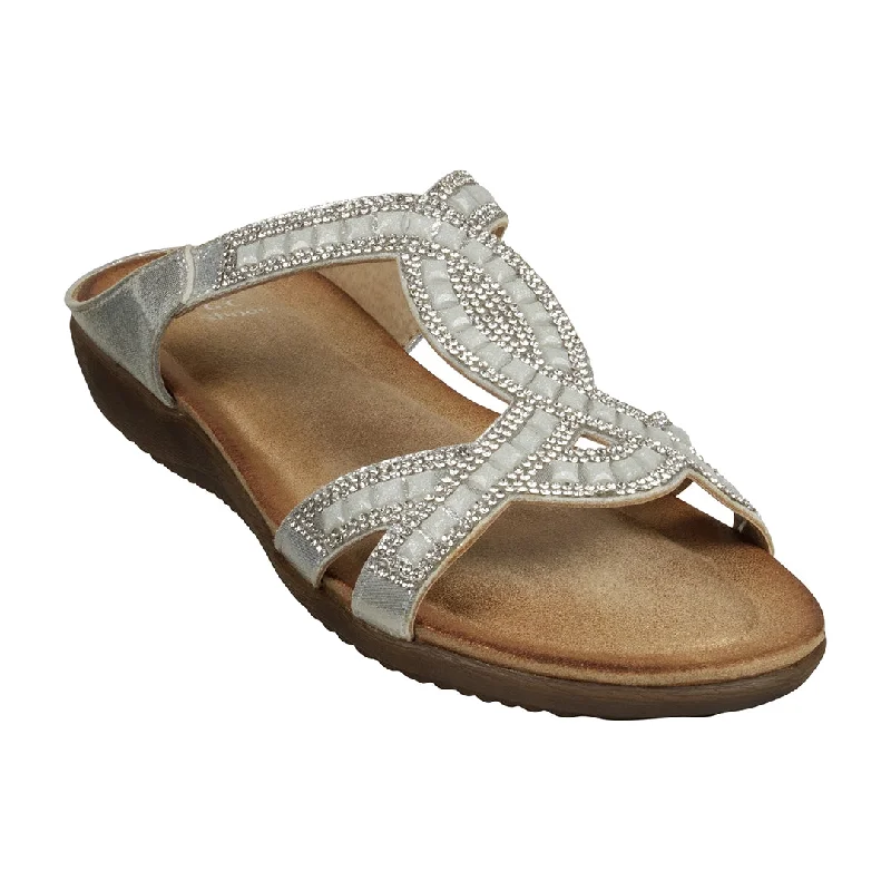 Comfortable sandals for outdoor sports activities -Alora Silver Embellished Slide Flat Sandals