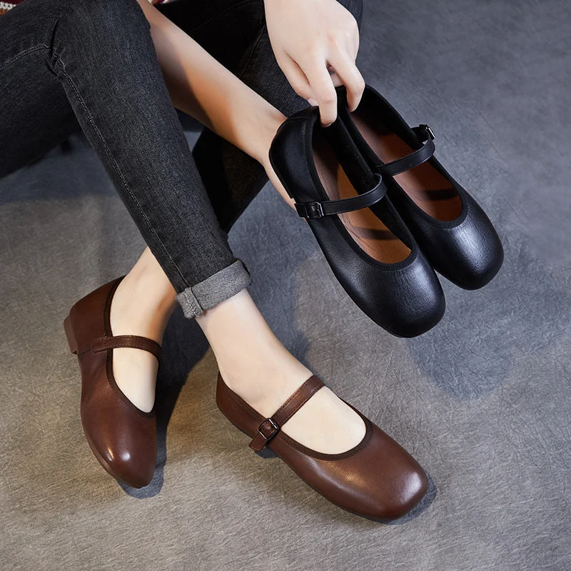 Trendy flats shoes with unique fabrics for an elegant look -Women Retro Minimalist Soft Leather Buckle Flats