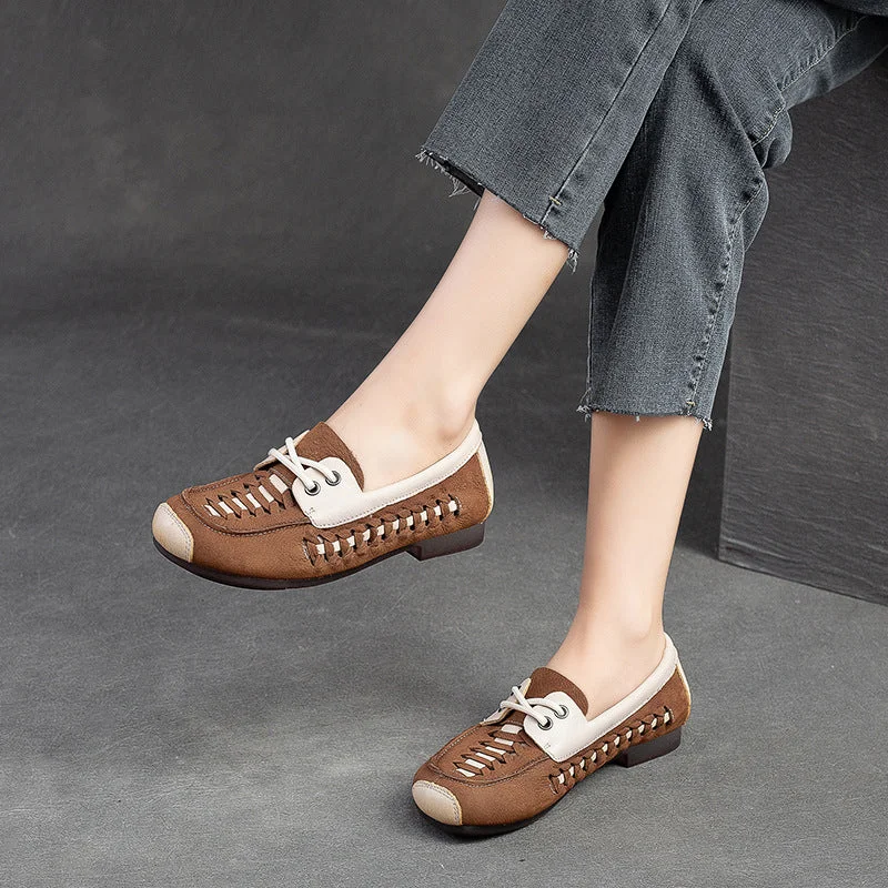 Stylish flats shoes with minimalist design -Women Hollow Breathable Leather Soft Flats