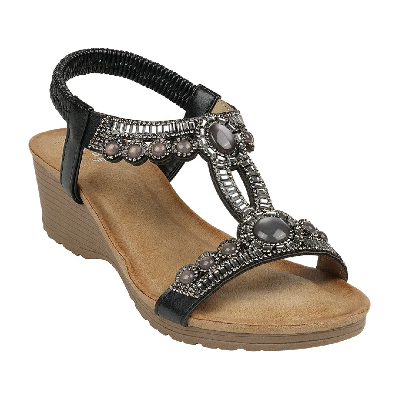 Trendy sandals with comfortable insoles for long wear without discomfort -Fiah Black Jeweled Slingback Wedge Sandals