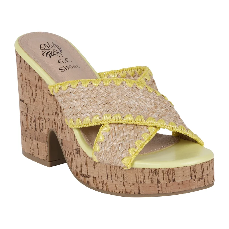 Stylish sandals with criss-cross straps for an elegant appearance -Elsa Yellow Woven Cross Strap Wooden Platform Heeled Sandals