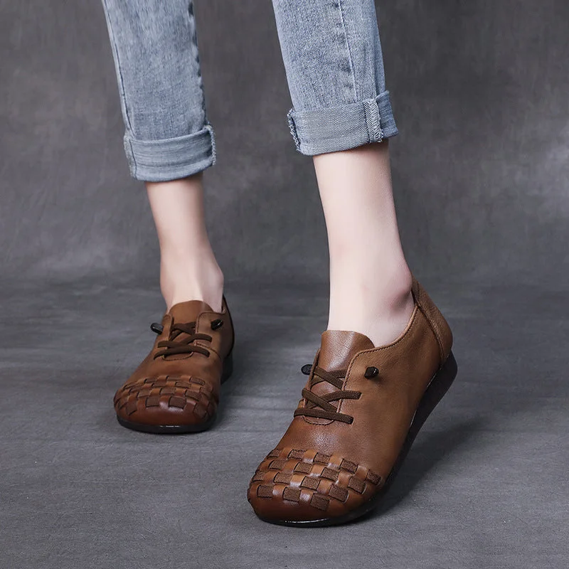 Stylish flats shoes with leather uppers for durability -Women Retro Handmade Leather Soft Flats